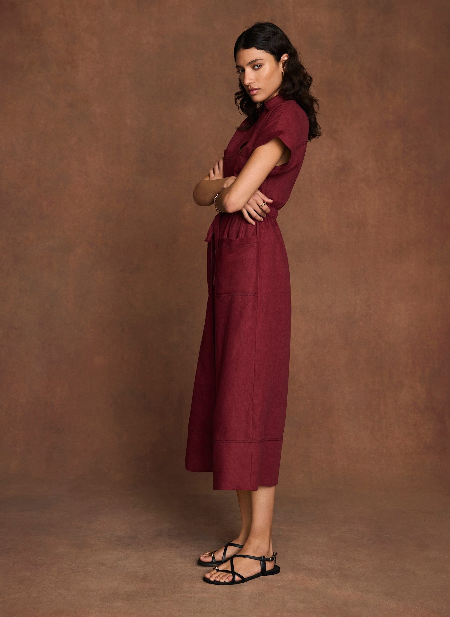 Burgundy Linen Midi Shirt Dress