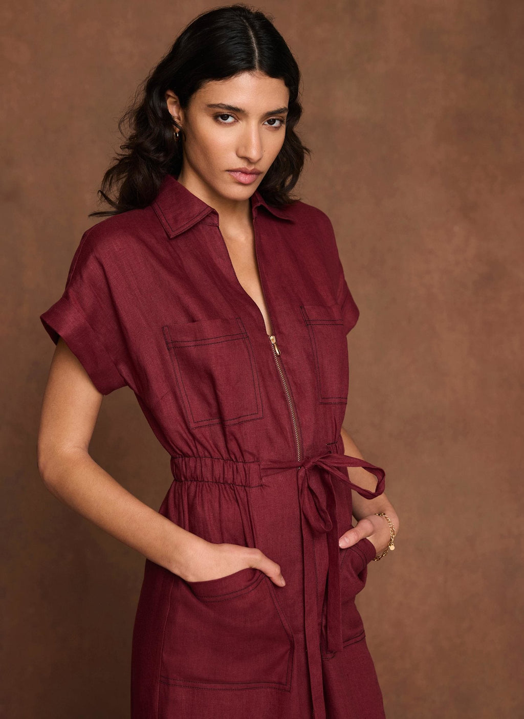 Burgundy Linen Midi Shirt Dress