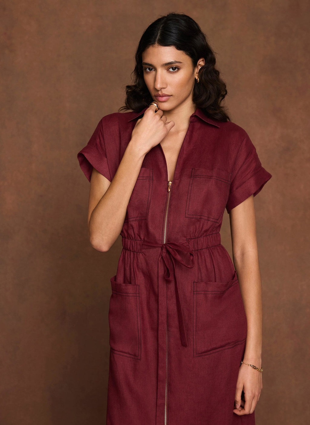 Burgundy Linen Midi Shirt Dress