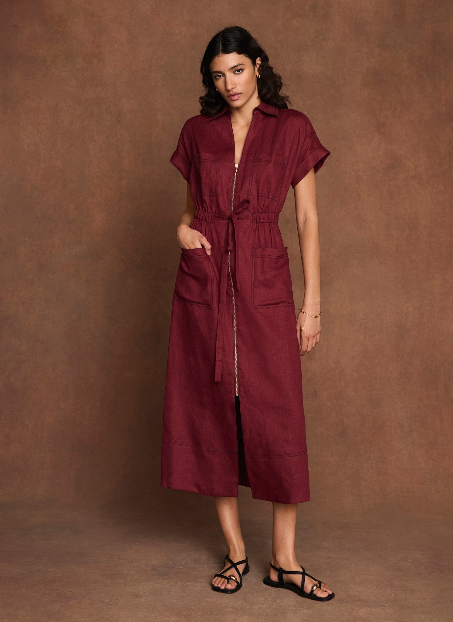 Burgundy Linen Midi Shirt Dress