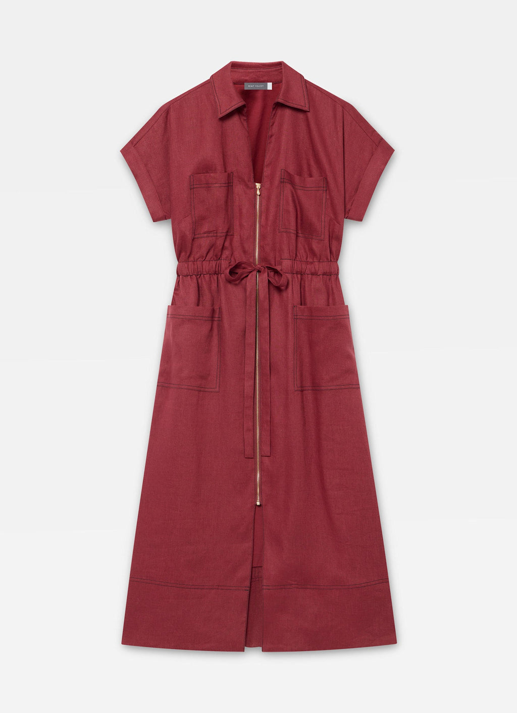 Burgundy Linen Midi Shirt Dress