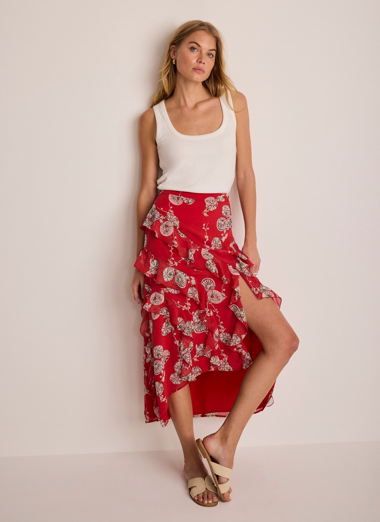 Red Printed Ruffle Maxi Skirt