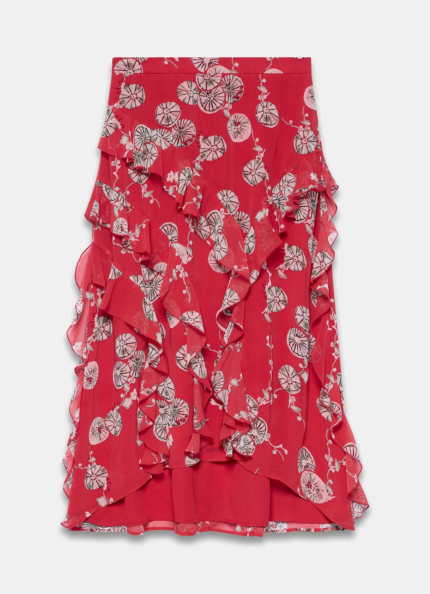 Red Printed Ruffle Maxi Skirt