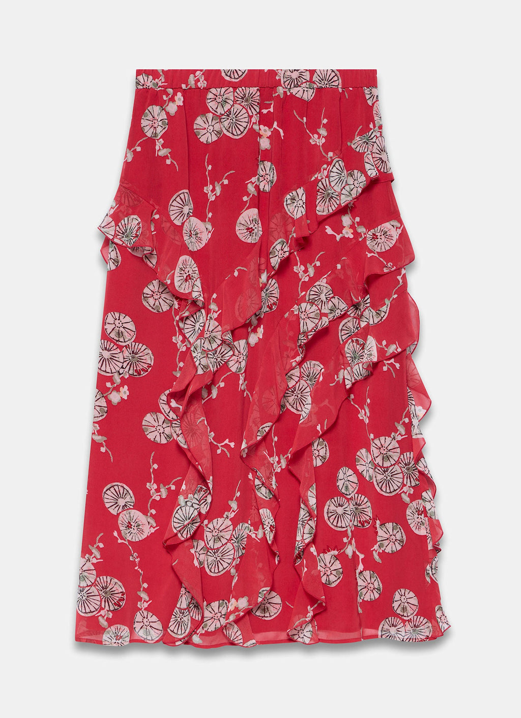 Red Printed Ruffle Maxi Skirt