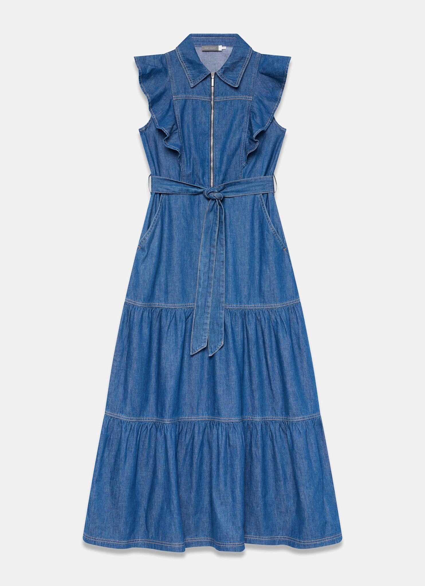 Indigo Denim Ruffle Maxi Shirt Dress