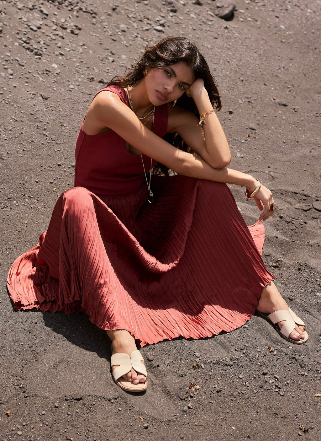 Red Crinkle Maxi Skirt