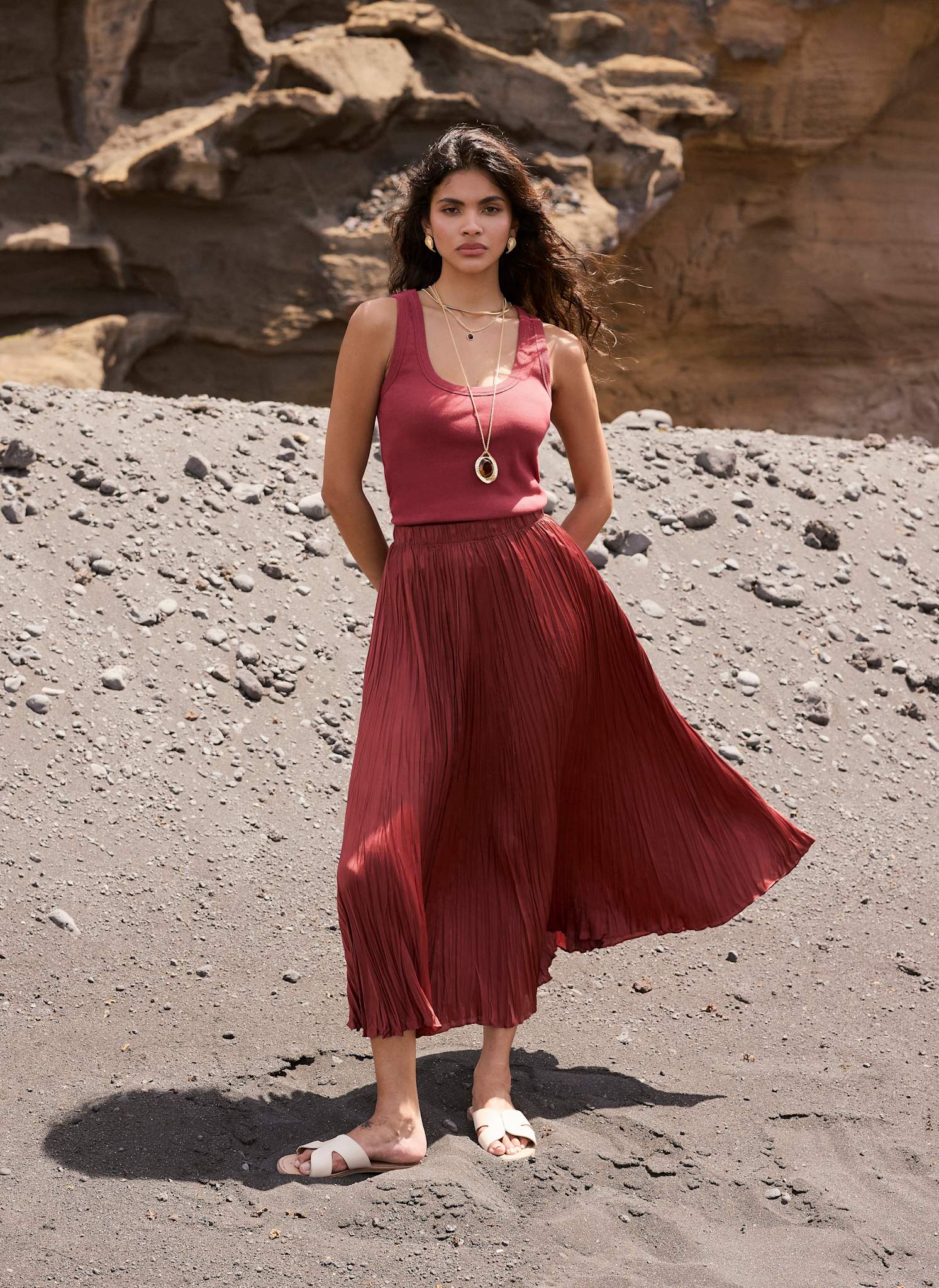 Red Crinkle Maxi Skirt