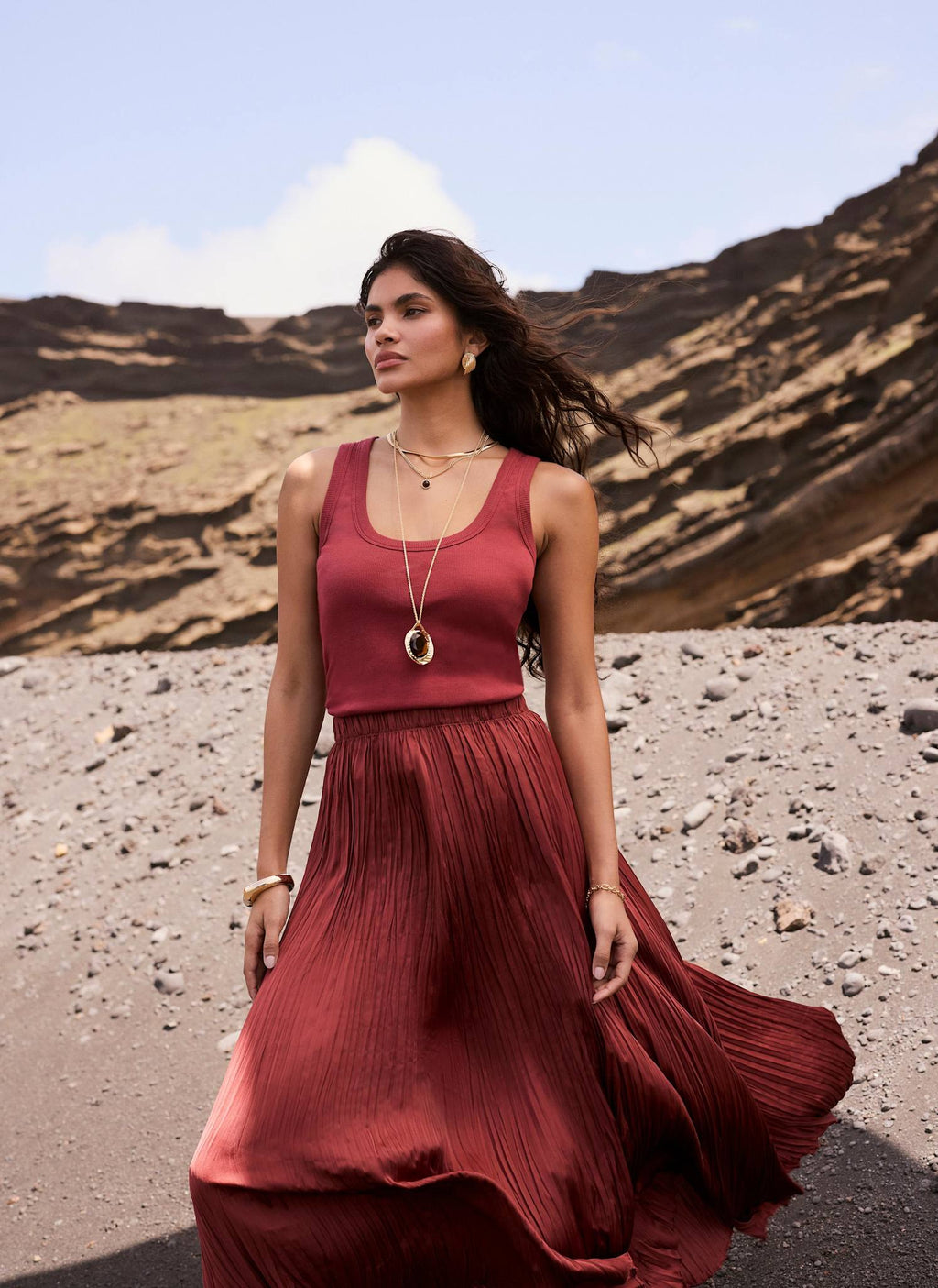 Red Crinkle Maxi Skirt