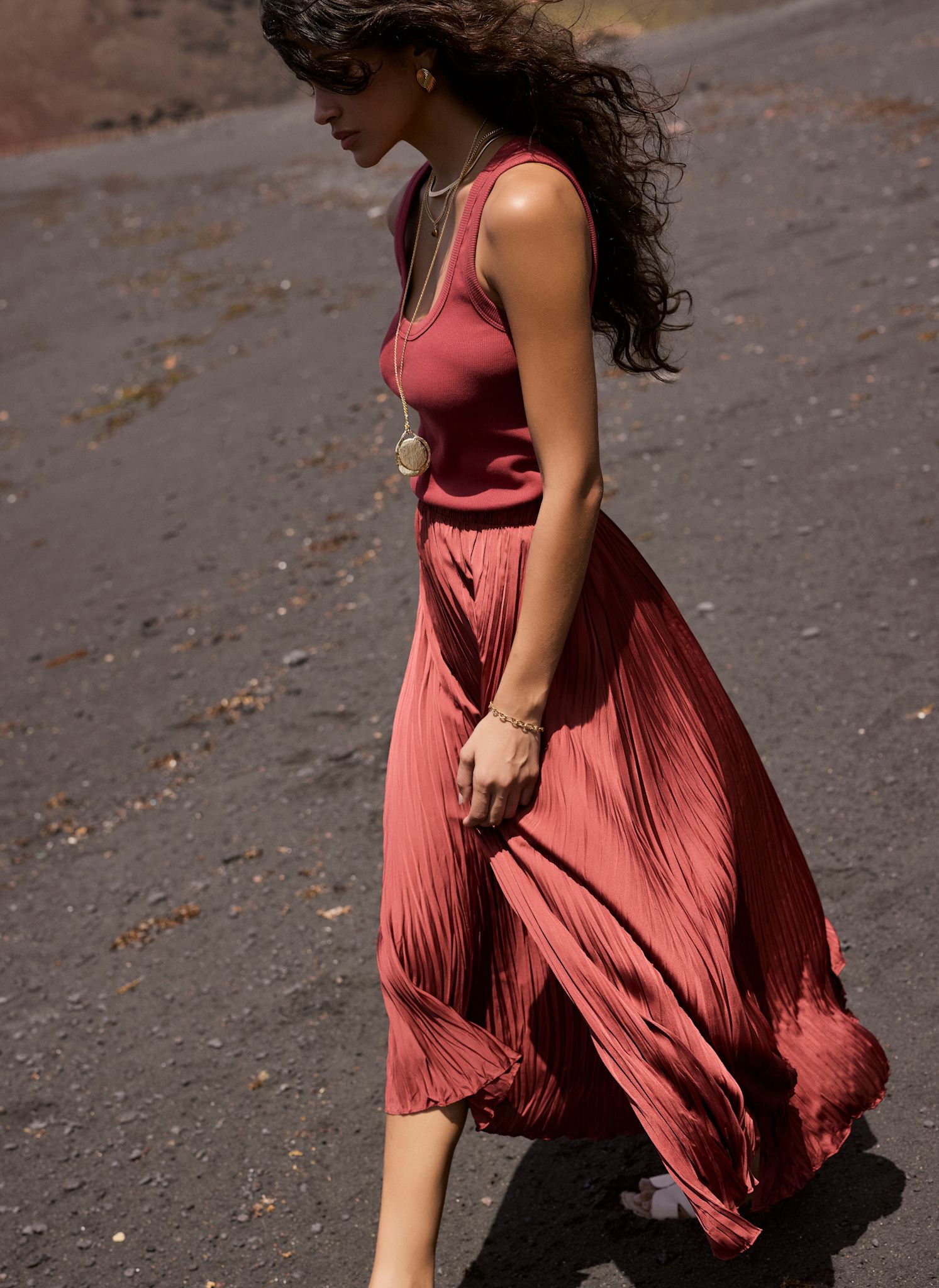 Red Crinkle Maxi Skirt