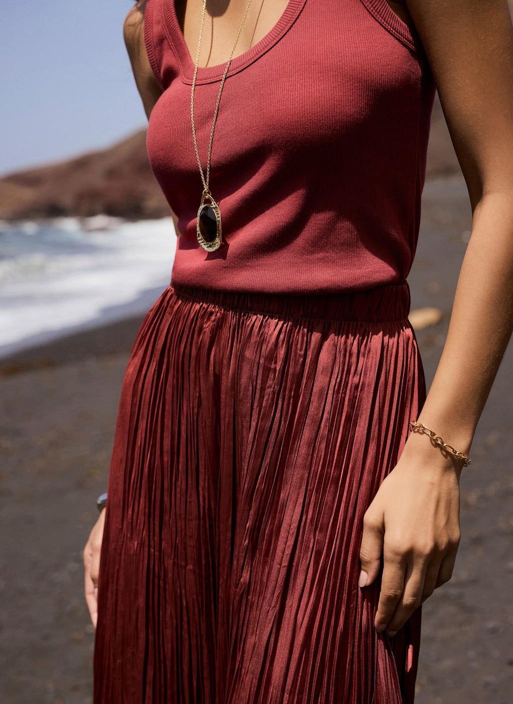 Red Crinkle Maxi Skirt