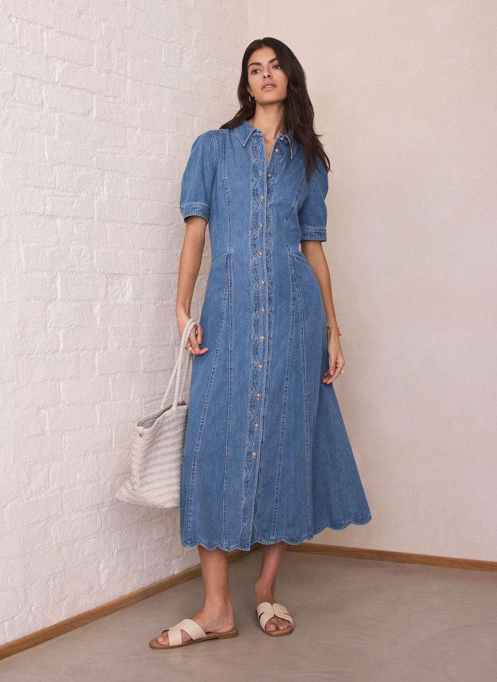 Indigo Denim Scallop Detail Midi Dress