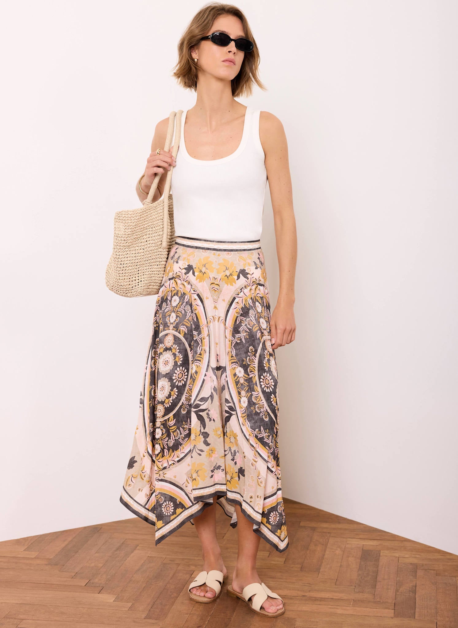 Neutral Floral Print Midi Skirt