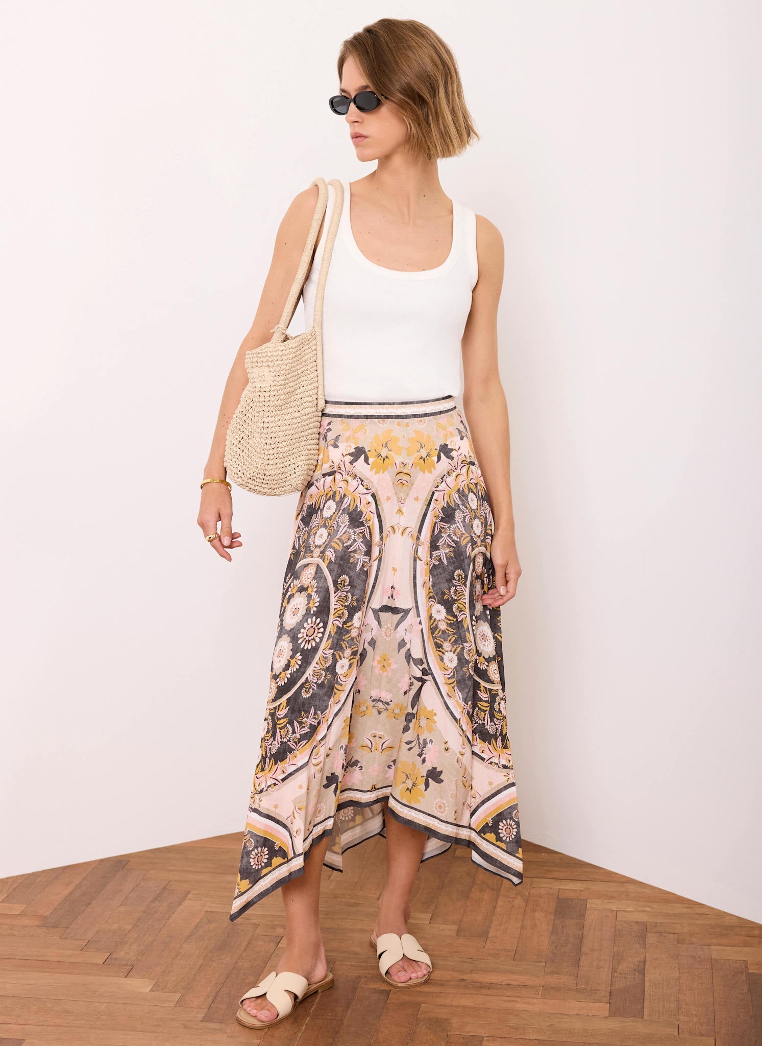 Neutral Floral Print Midi Skirt