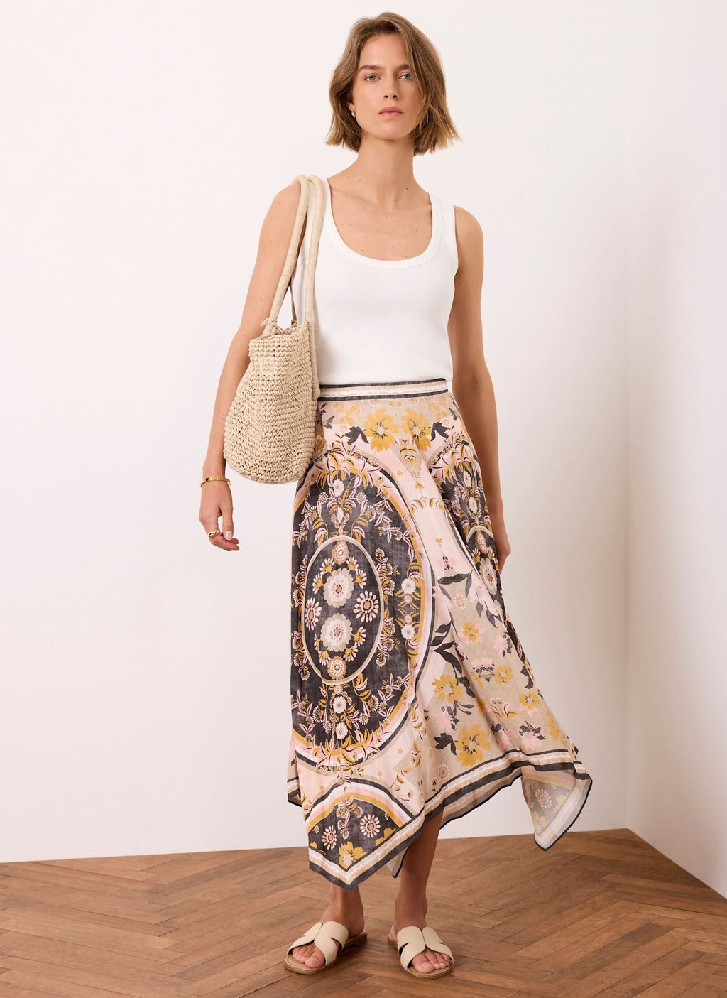 Neutral Floral Print Midi Skirt