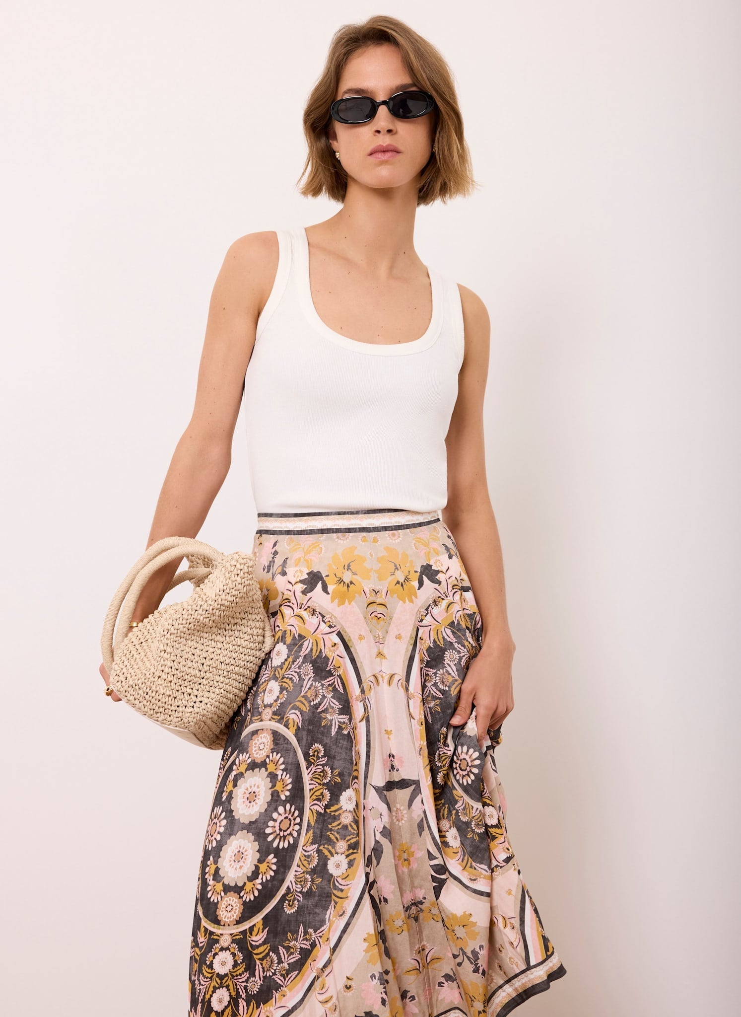 Neutral Floral Print Midi Skirt