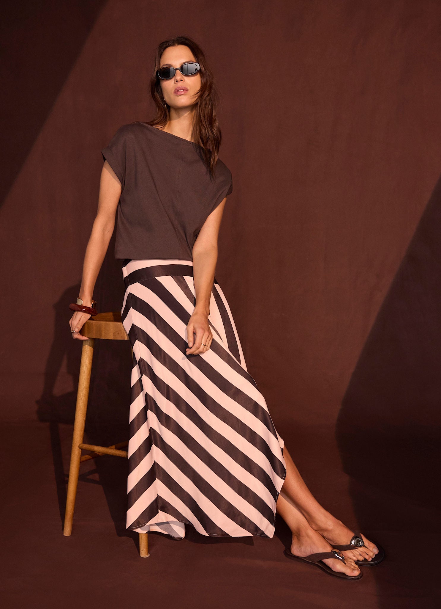 Pink & Brown Satin Striped Midi Skirt