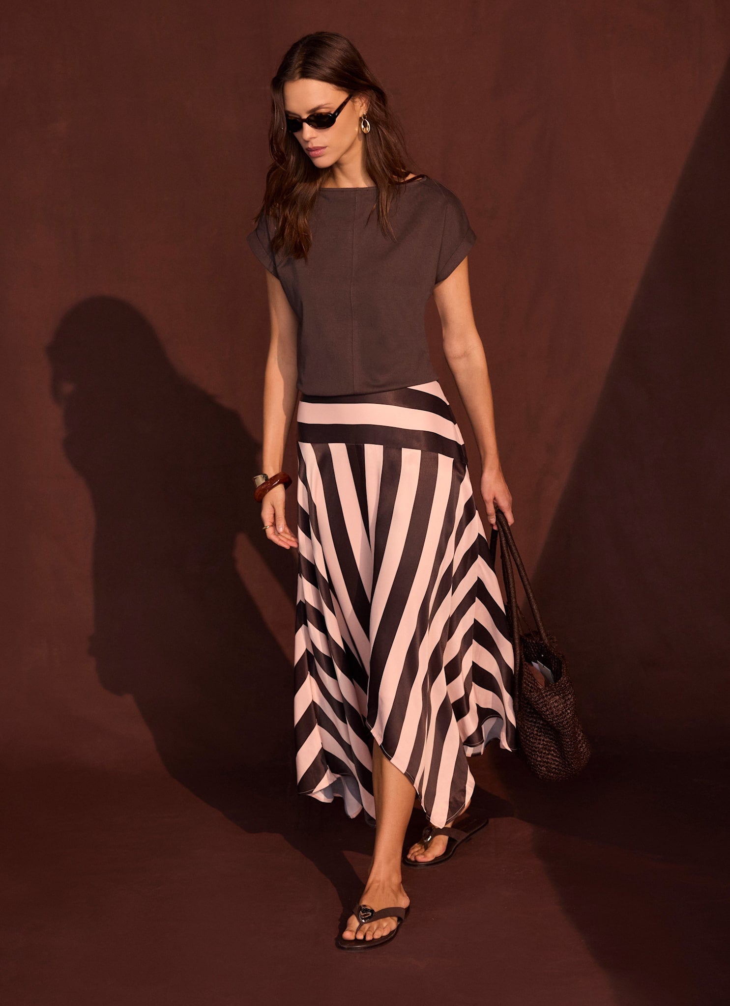 Pink & Brown Satin Striped Midi Skirt