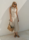 Neutral Cotton Blend Striped Midi Dress