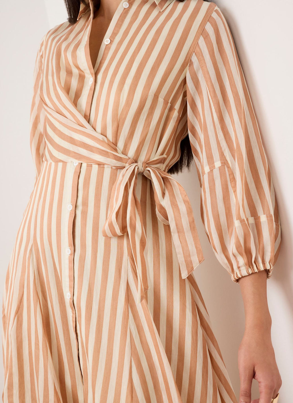 Orange Stripe Wrap Midi Shirt Dress