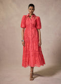 Deep Pink Lace Midi Shirt Dress