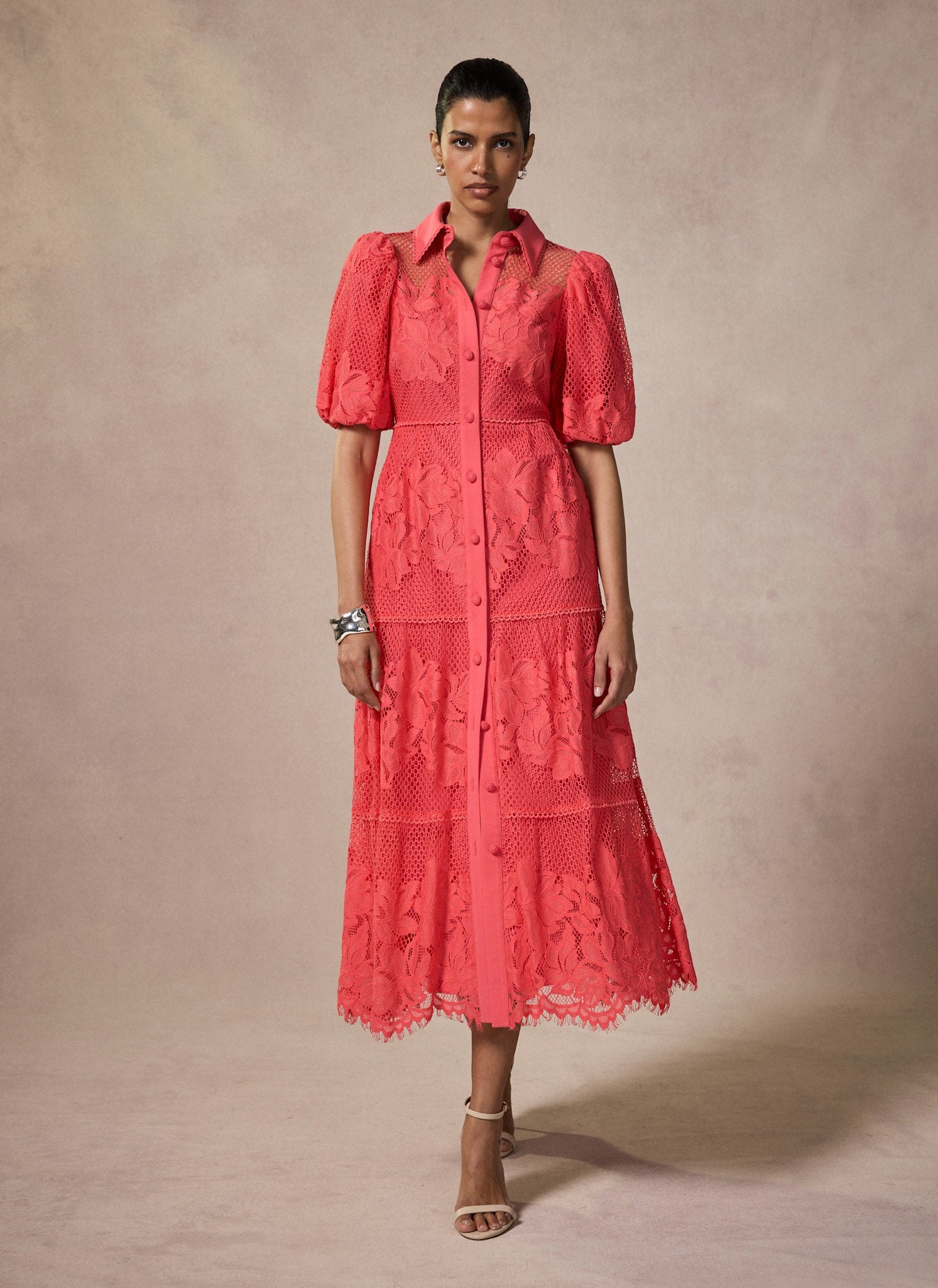 Deep Pink Lace Midi Shirt Dress