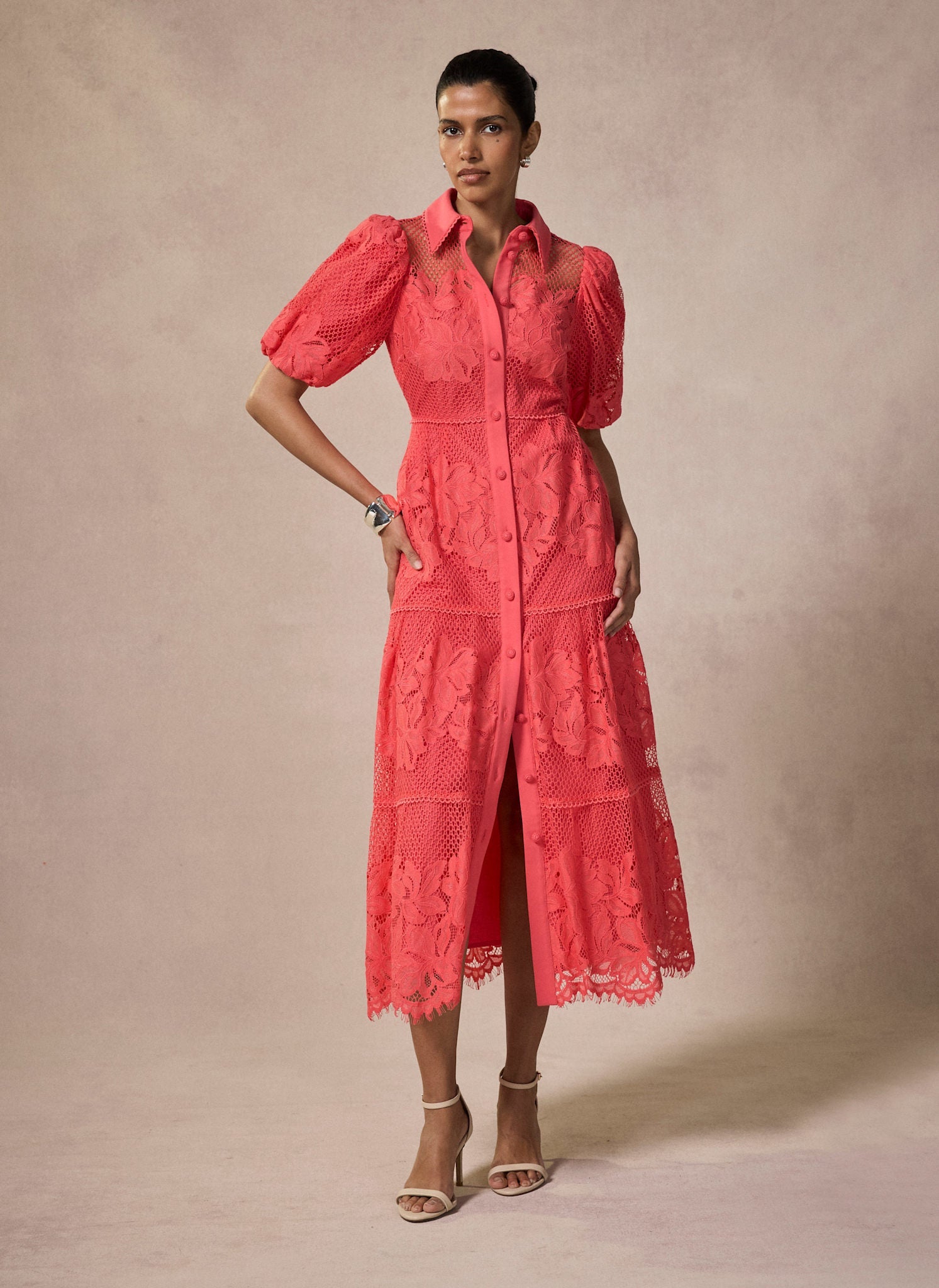 Deep Pink Lace Midi Shirt Dress